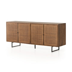 Carmel Sideboard in Brown Wash three-quarter view showing cane door fronts - Whats New Furniture Portland OR