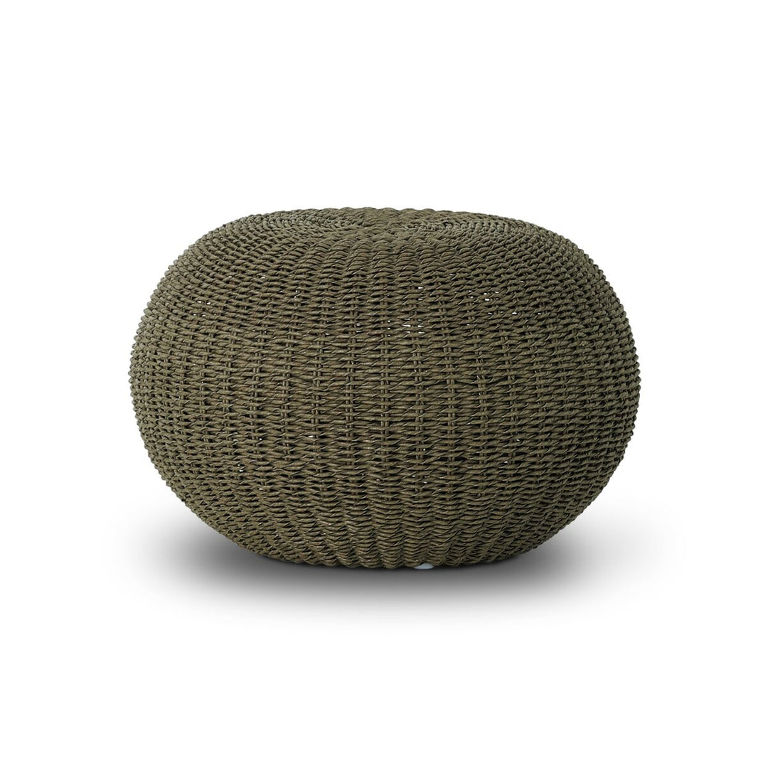 Phoenix Outdoor Accent Stool in Faux Olive Hyacinth three-quarter view showing woven wicker top - Whats New Furniture Portland OR