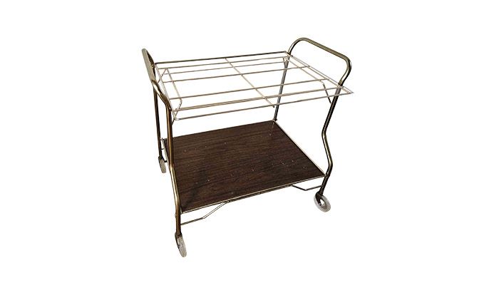 Retro Brass Frame Rolling Bar Cart with Plexiglass Top & Walnut Shelf - Consigned