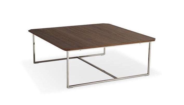 Modern Square Coffee Table with Chrome Base & Walnut Top - Consigned