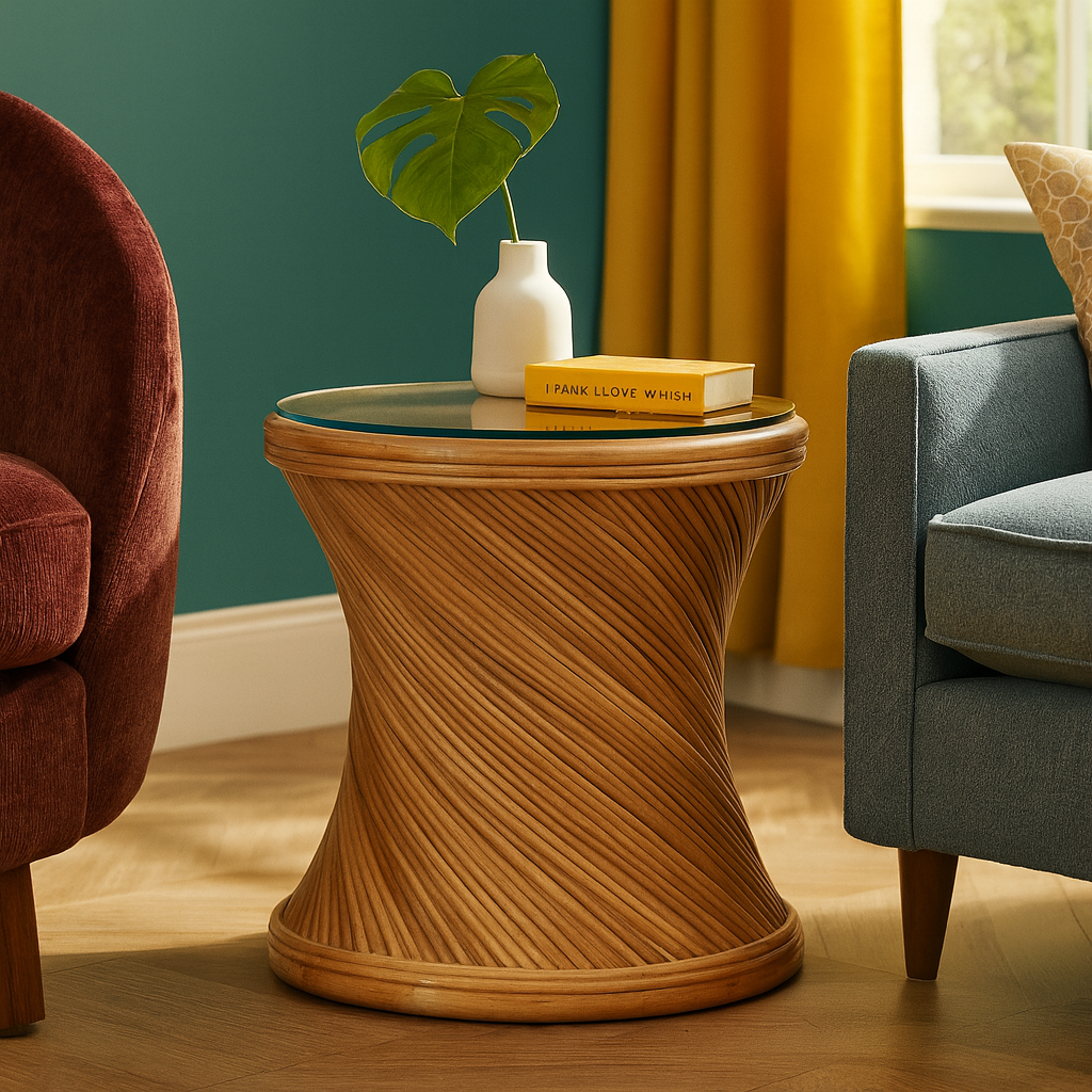 Glass Top Rattan Side Table