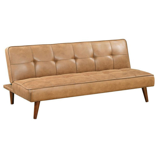 A saddle brown upholstered tufted convertible sofa bed with a smooth pull-out mechanism, displayed against a white background.