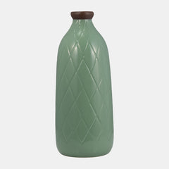 Plaid Textured Vase, dark sage ceramic bottle with embossed diamond lattice detail view 1 - Whats New Furniture Portland OR