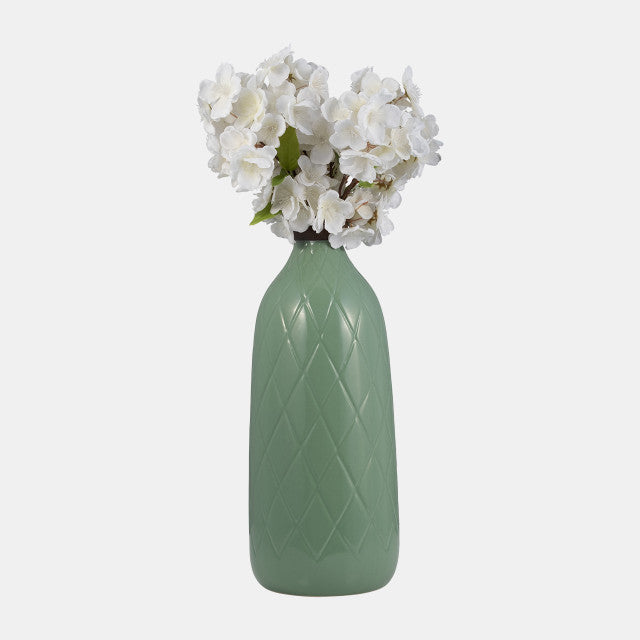Plaid Textured Vase, dark sage ceramic bottle with embossed diamond lattice detail view 2 - Whats New Furniture Portland OR
