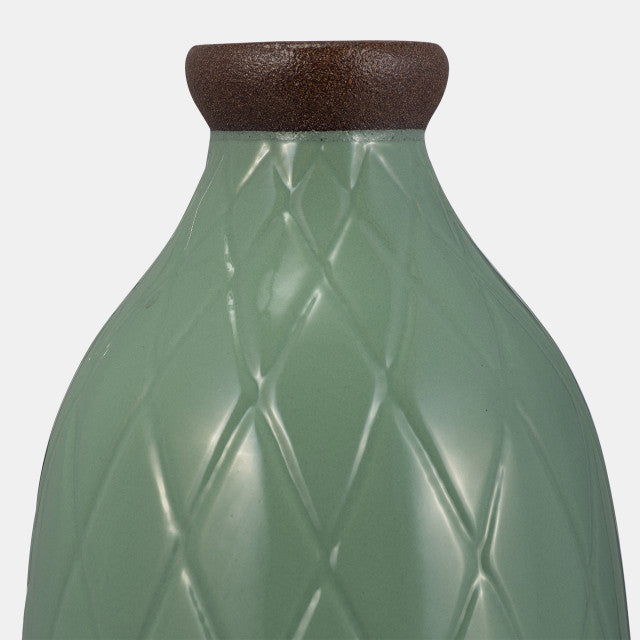 Plaid Textured Vase, dark sage ceramic bottle with embossed diamond lattice detail view 3 - Whats New Furniture Portland OR