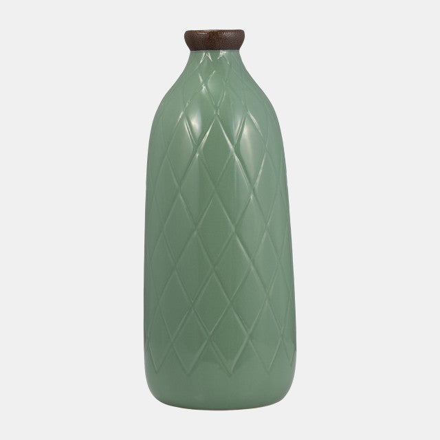 Plaid Textured Vase, dark sage ceramic bottle with embossed diamond lattice - Whats New Furniture Portland OR
