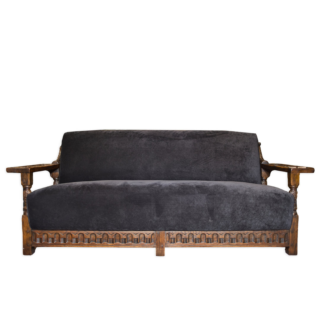 1920's Spanish Revival Carved Wood Velvet Sofa - Whats New Furniture - Portland, Oregon