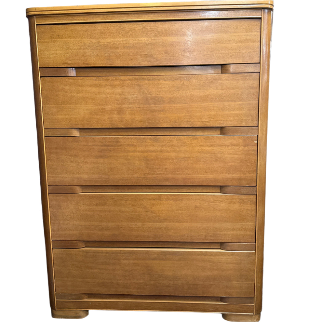 Tall 1940's Mahogany Veneer 5 Dwr. Dresser