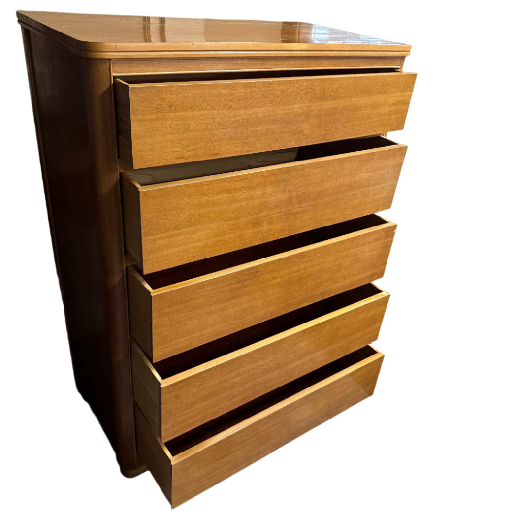 Tall 1940's Mahogany Veneer 5 Dwr. Dresser
