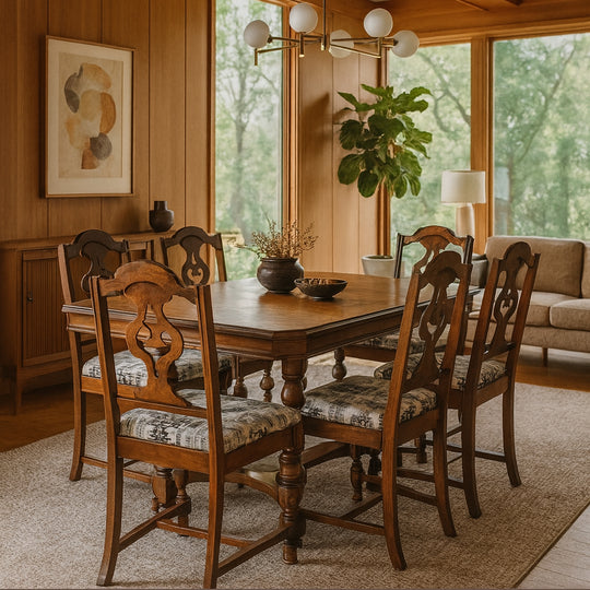 1940's Dining Table Set with 6 Newly Upholstered Chairs