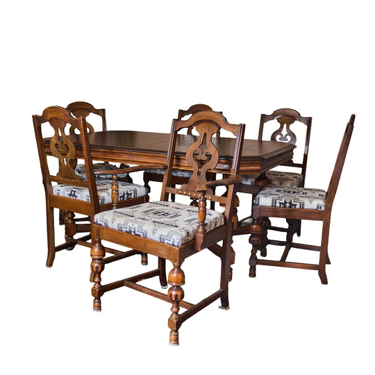 1940's Dining Table Set with 6 Newly Upholstered Chairs