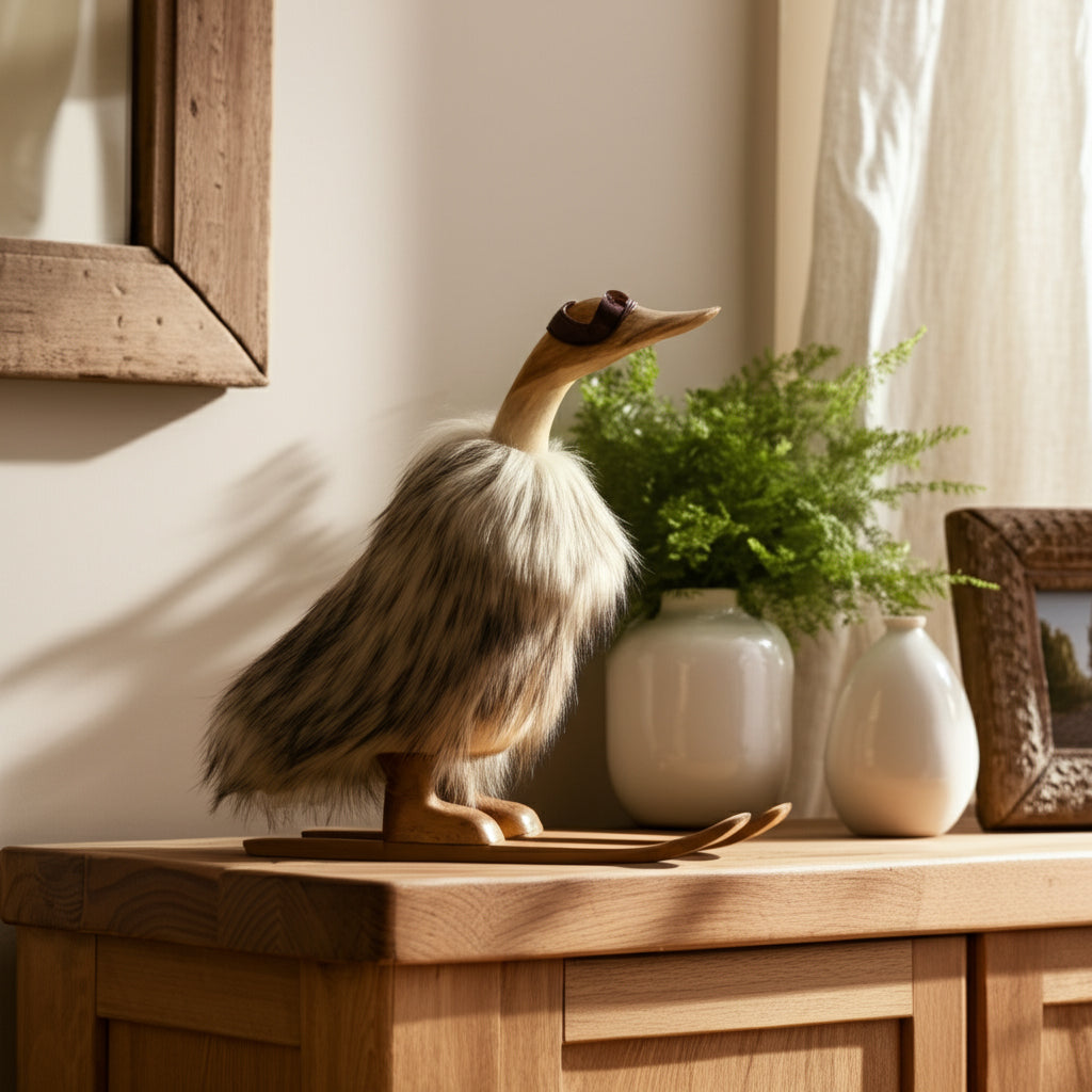 Faux Fur Skiing Duck with Goggles styled shelf view - figurine by Sagebrook Home - Whats New Furniture Portland OR