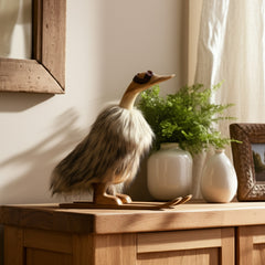 Faux Fur Skiing Duck with Goggles styled shelf view - figurine by Sagebrook Home - Whats New Furniture Portland OR