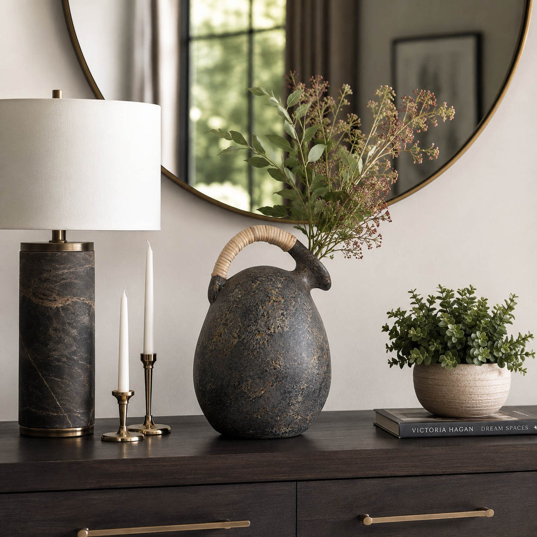Terracotta Rustic Jug with Woven Handle styled view - vase by Sagebrook Home - Whats New Furniture Portland OR
