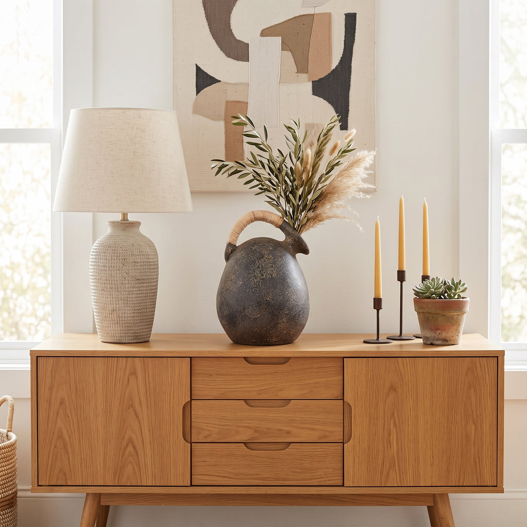 Terracotta Rustic Jug with Woven Handle styled room view - vase by Sagebrook Home - Whats New Furniture Portland OR