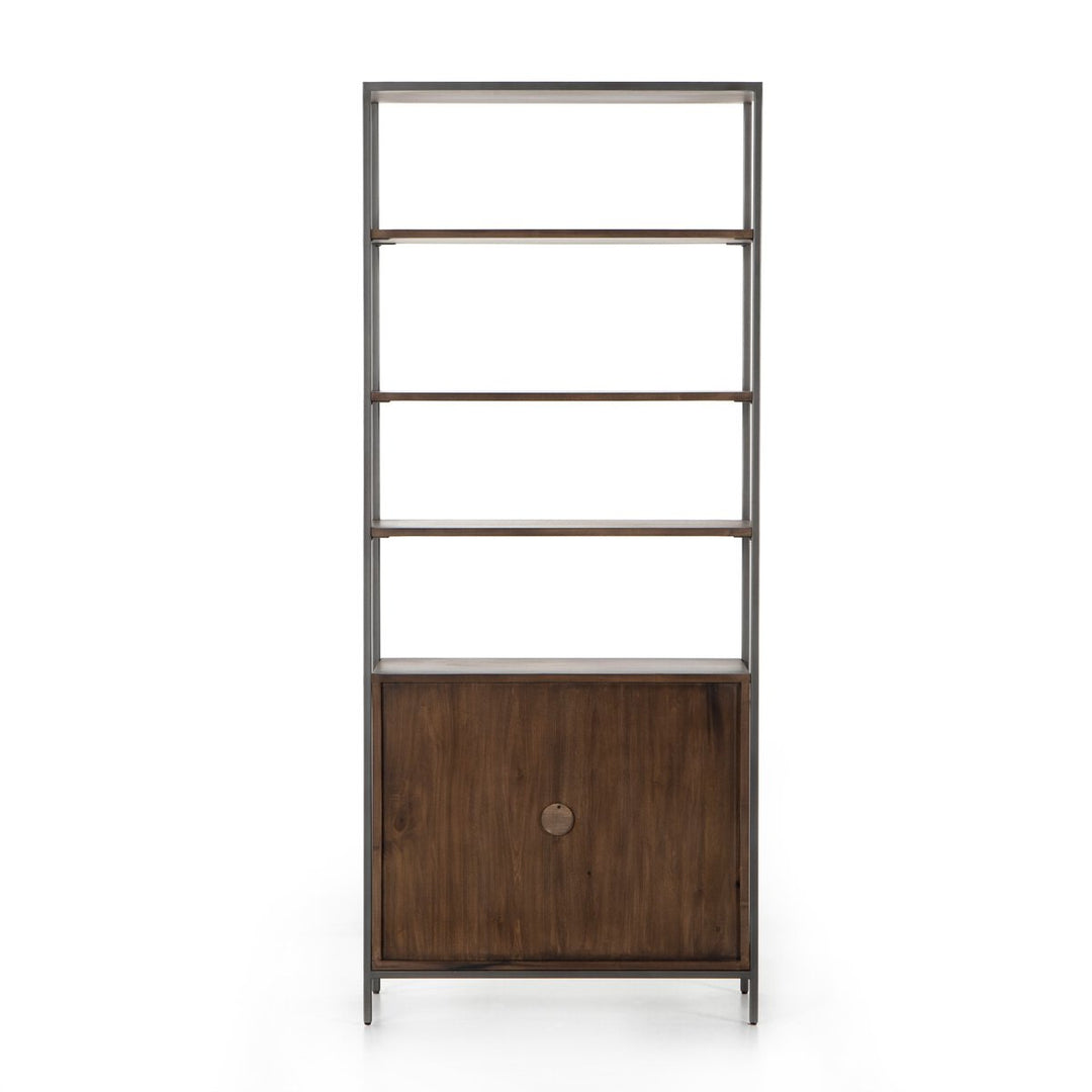 Trey Modular Wide Bookcase in Auburn Poplar iron hardware detail view - Whats New Furniture Portland OR