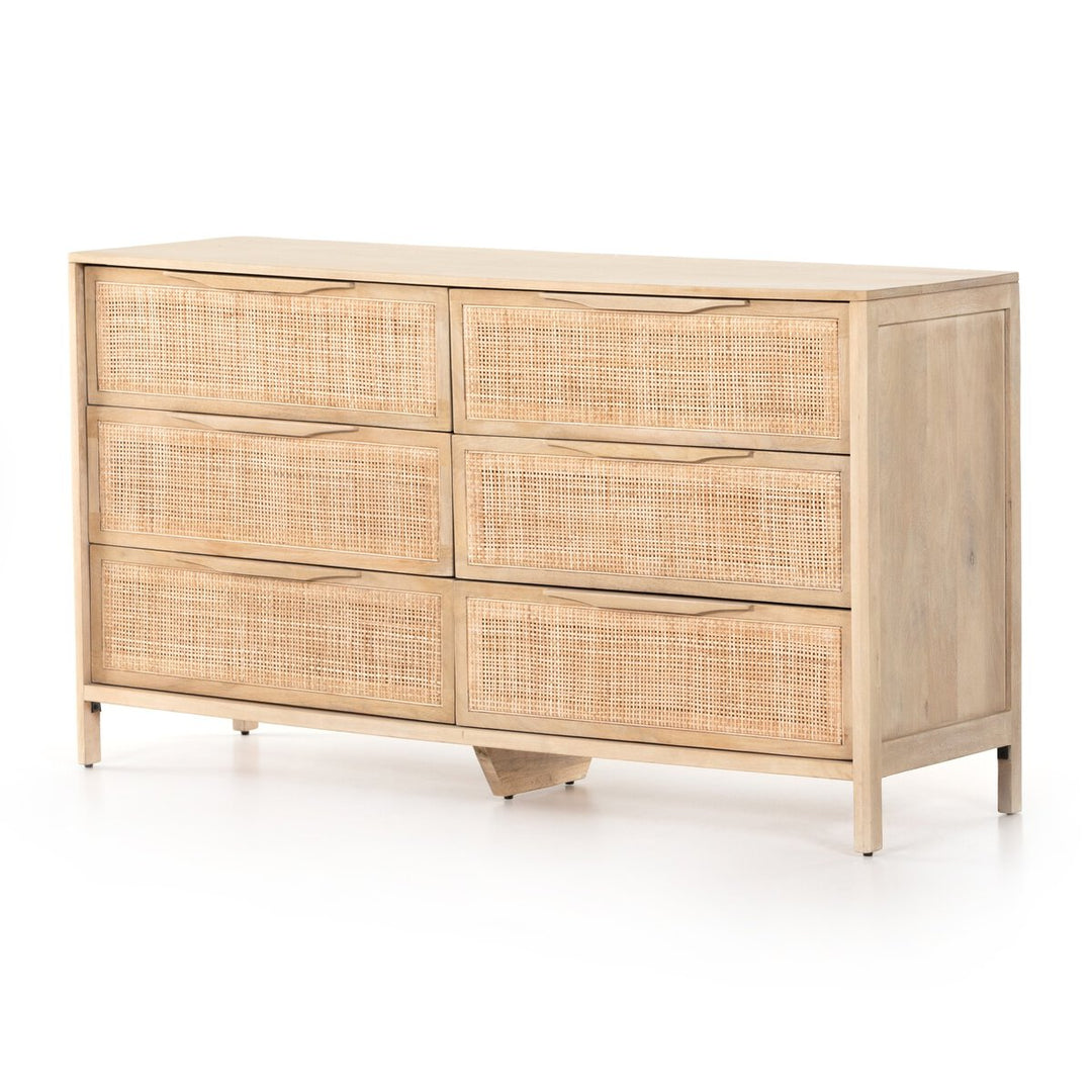 Sydney 6 Drawer Dresser in Natural Cane three-quarter studio view - Whats New Furniture Portland OR