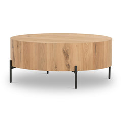 Eaton Drum Coffee Table in Light Oak Resin three-quarter view - Whats New Furniture Portland OR