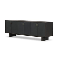 Posada Media Console in Worn Black Oak Veneer three-quarter studio view - Whats New Furniture Portland OR