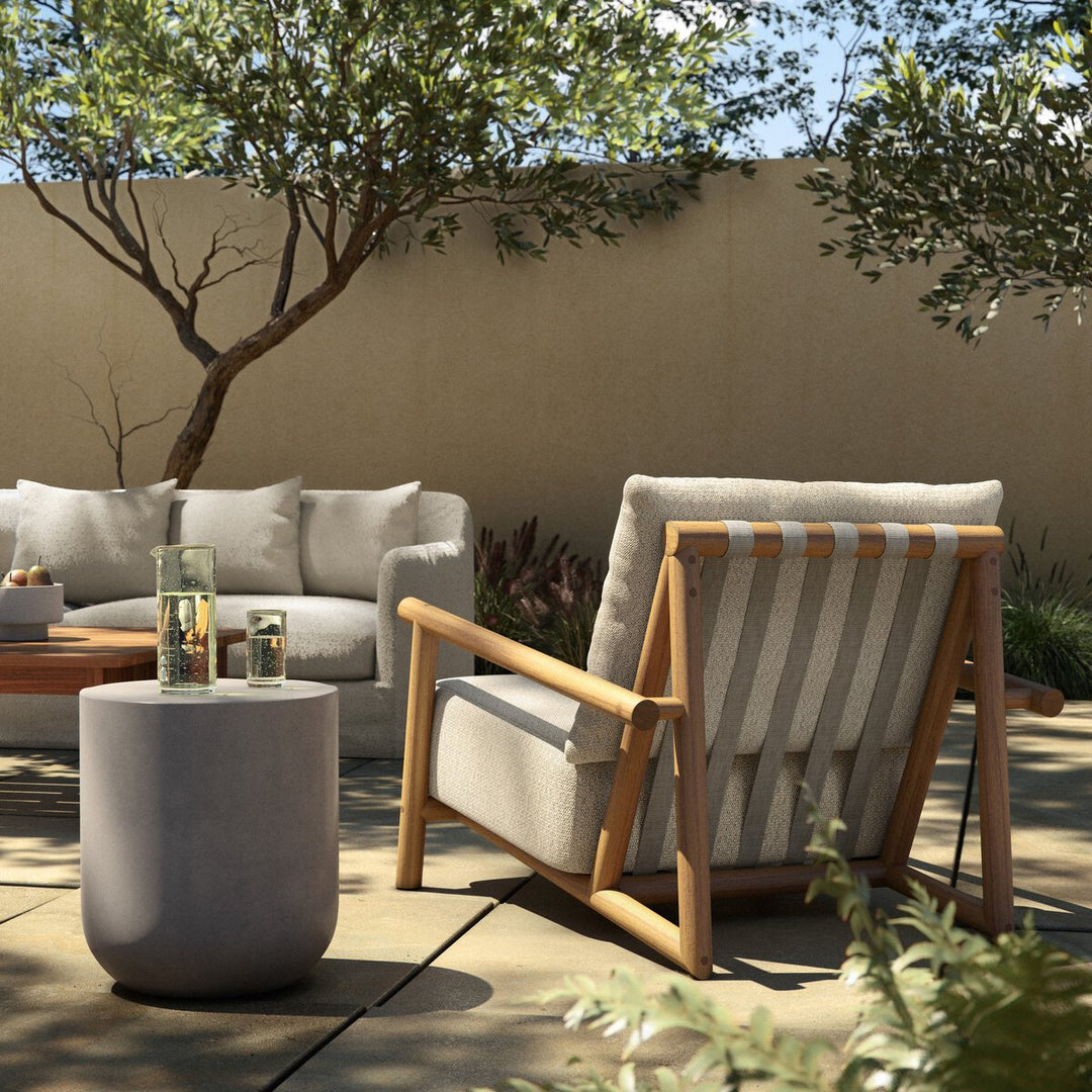 Cardiff Outdoor Chair in Faye Sand, Natural Teak back view - Whats New Furniture Portland OR