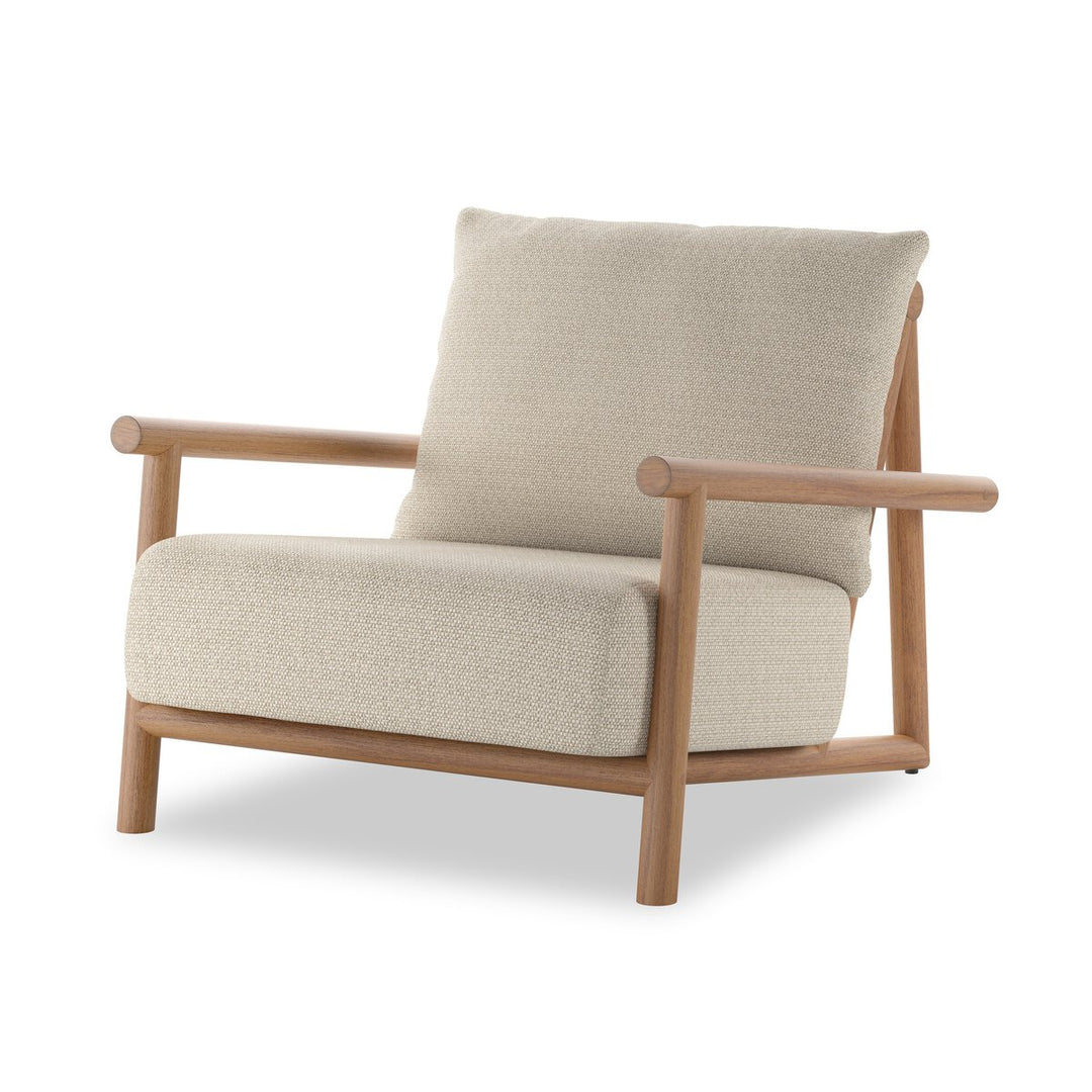 Cardiff Outdoor Chair in Faye Sand, Natural Teak three-quarter view - Whats New Furniture Portland OR