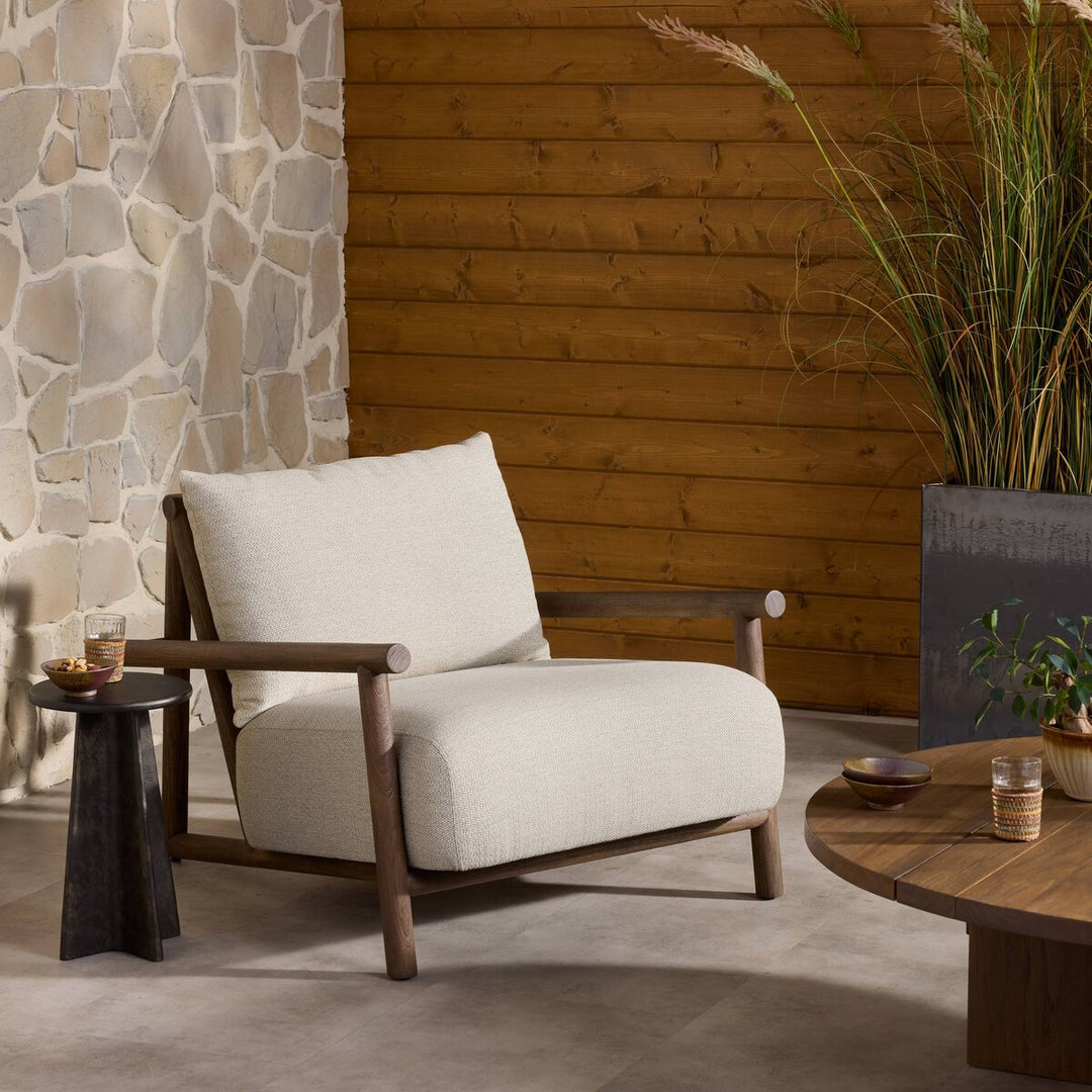 Cardiff Outdoor Chair in Faye Sand, Saddle Brown Teak back view - Whats New Furniture Portland OR