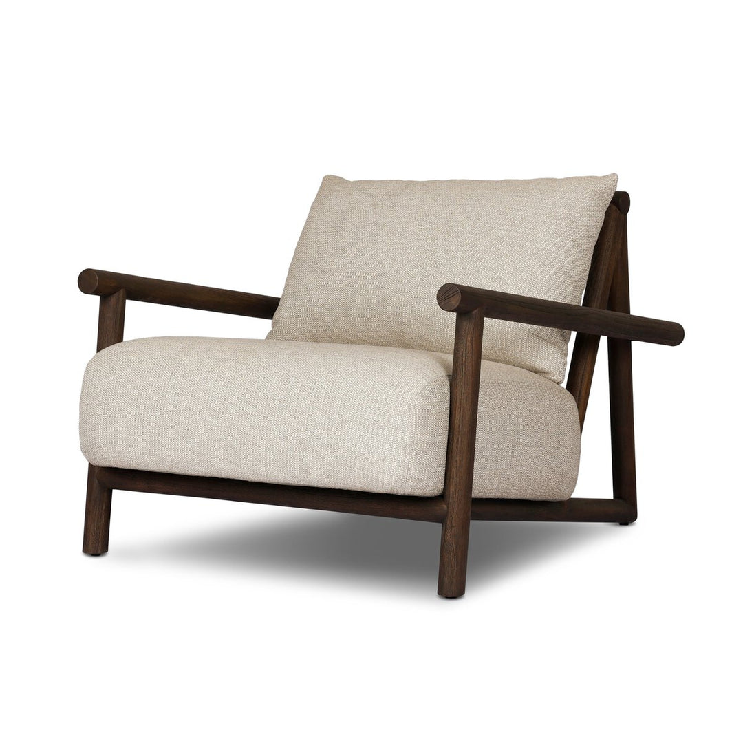 Cardiff Outdoor Chair in Faye Sand, Saddle Brown Teak three-quarter view - Whats New Furniture Portland OR