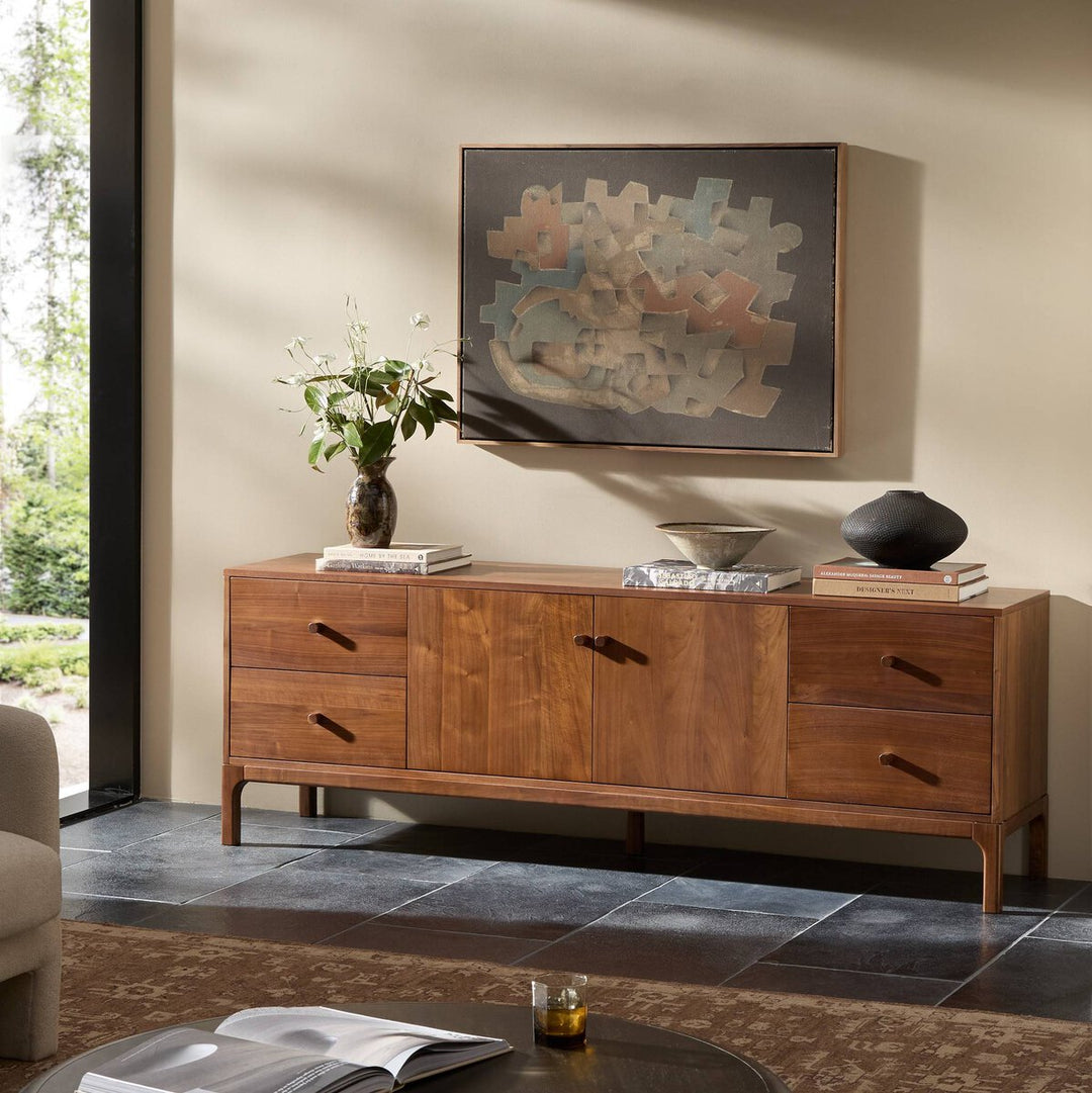Arturo Media Console in Natural Walnut Veneer back view showing cord cutout - Whats New Furniture Portland OR