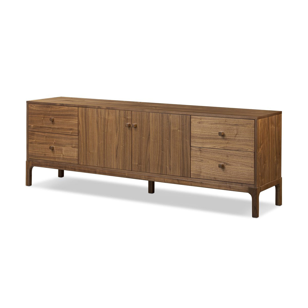 Arturo Media Console in Natural Walnut Veneer three-quarter view showing full length - Whats New Furniture Portland OR