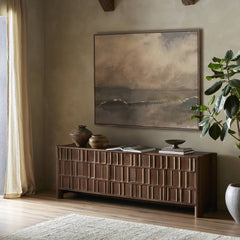 Ezri Media Console in Cocoa Oak back studio view - Whats New Furniture Portland OR