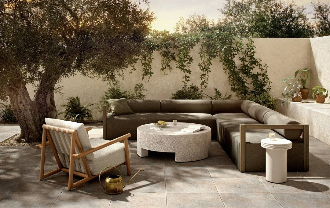 Cardiff Outdoor Chair in Faye Sand, Natural Teak detail view - Whats New Furniture Portland OR