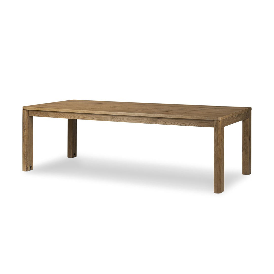 Noeline Extension Dining Table in Resawn Worn Oak three-quarter view - Whats New Furniture Portland OR