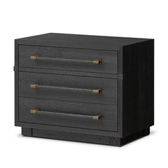 Adolfo Nightstand in Modern Black Ash three-quarter view showing linear bronzed hardware - Whats New Furniture Portland OR