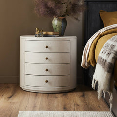 Amelia Oval Nightstand in Ivory Painted Linen back studio view - Whats New Furniture Portland OR