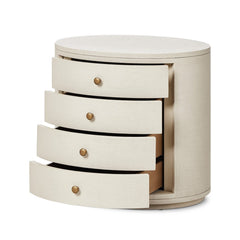 Amelia Oval Nightstand in Ivory Painted Linen top surface detail view - Whats New Furniture Portland OR