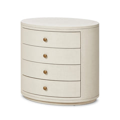 Amelia Oval Nightstand in Ivory Painted Linen three-quarter studio view - Whats New Furniture Portland OR