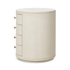 Amelia Oval Nightstand in Ivory Painted Linen side studio view - Whats New Furniture Portland OR