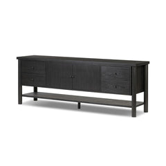 Roark Media Console in Ebony Oak Veneer three-quarter view - Whats New Furniture Portland OR