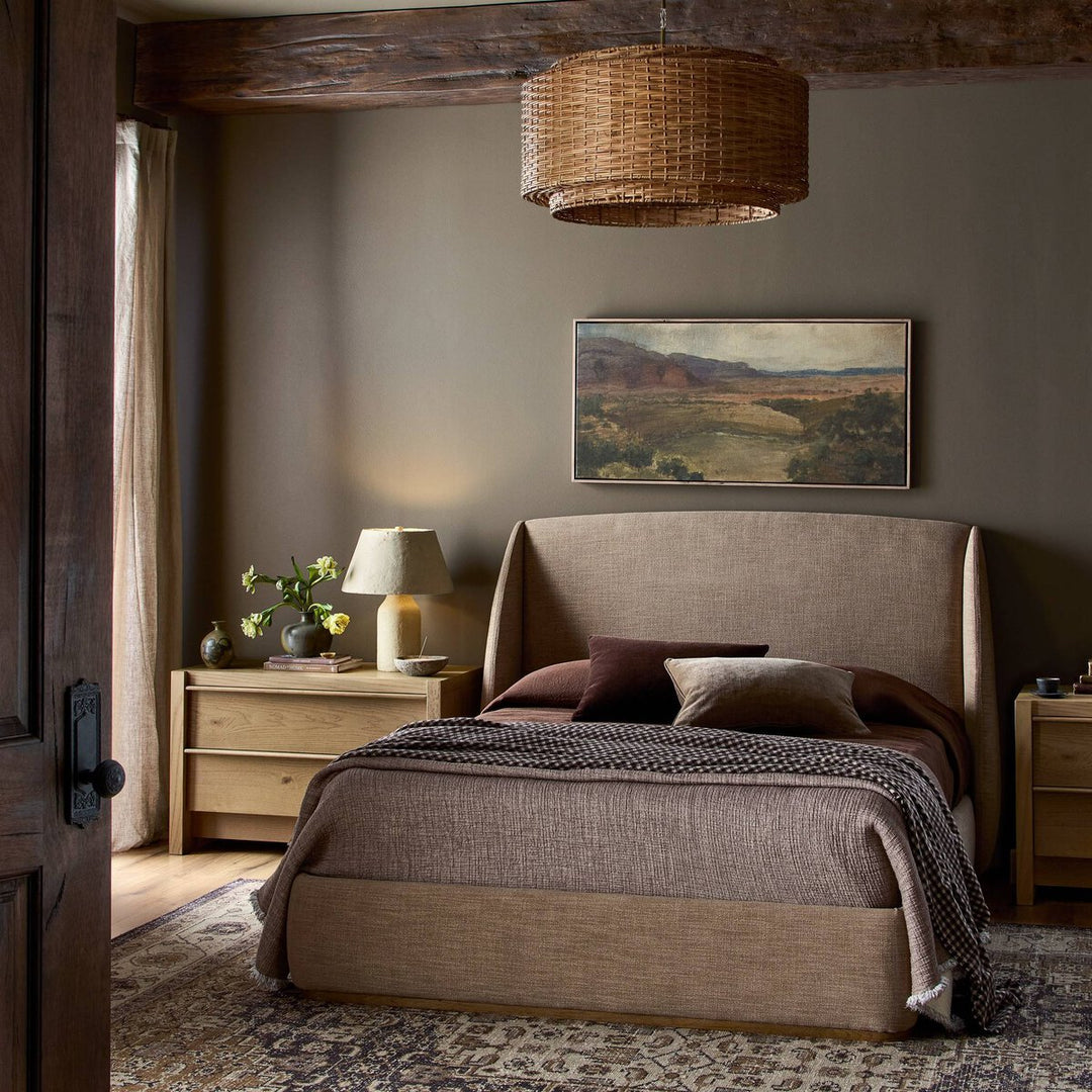 Maeve Bed in Laken Taupe back studio view - Whats New Furniture Portland OR