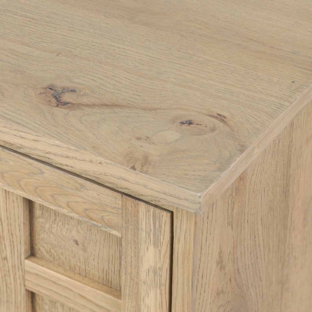 Alessio Media Console in Aged Natural Oak Veneer fourth detail view - Whats New Furniture Portland OR