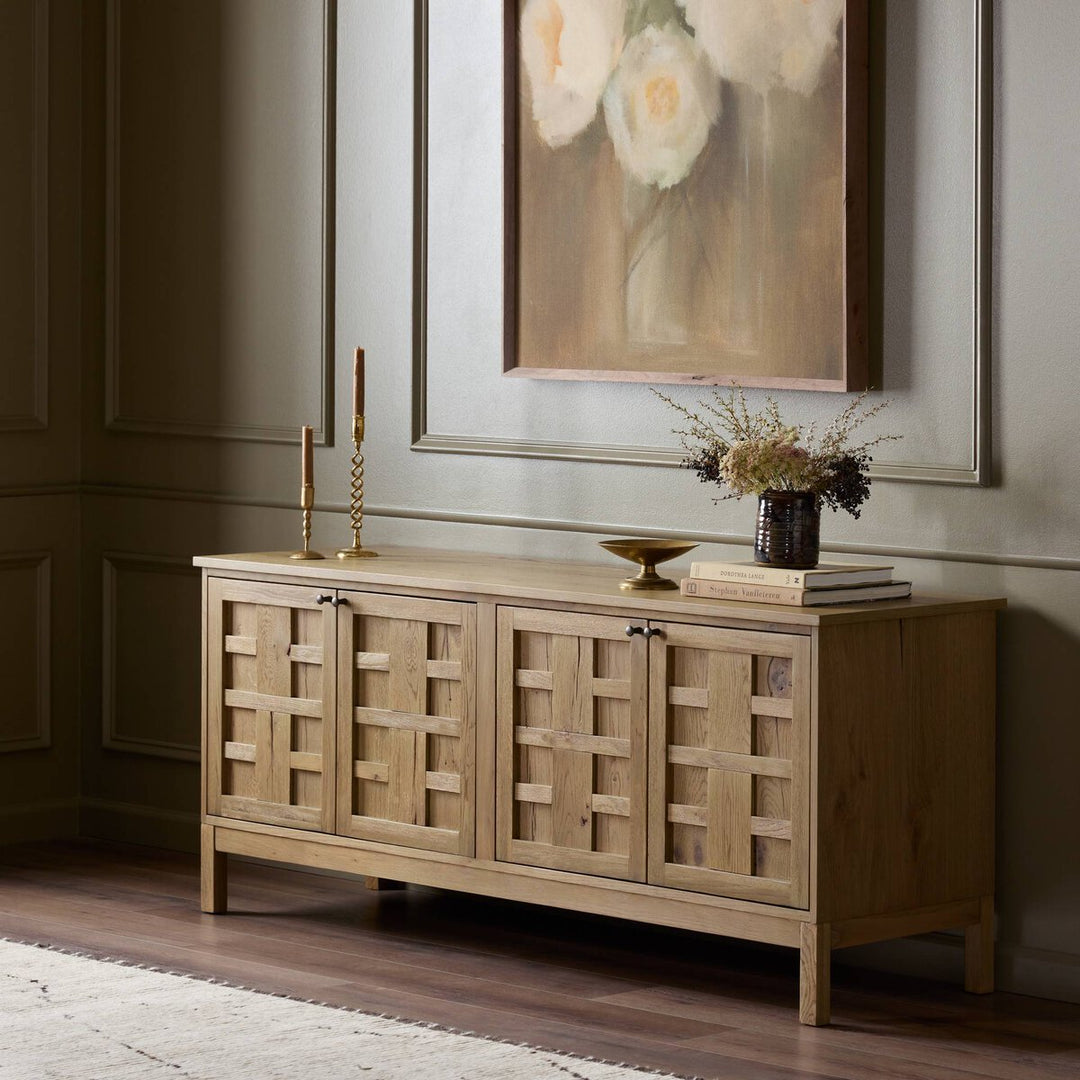 Alessio Media Console in Aged Natural Oak Veneer back studio view - Whats New Furniture Portland OR