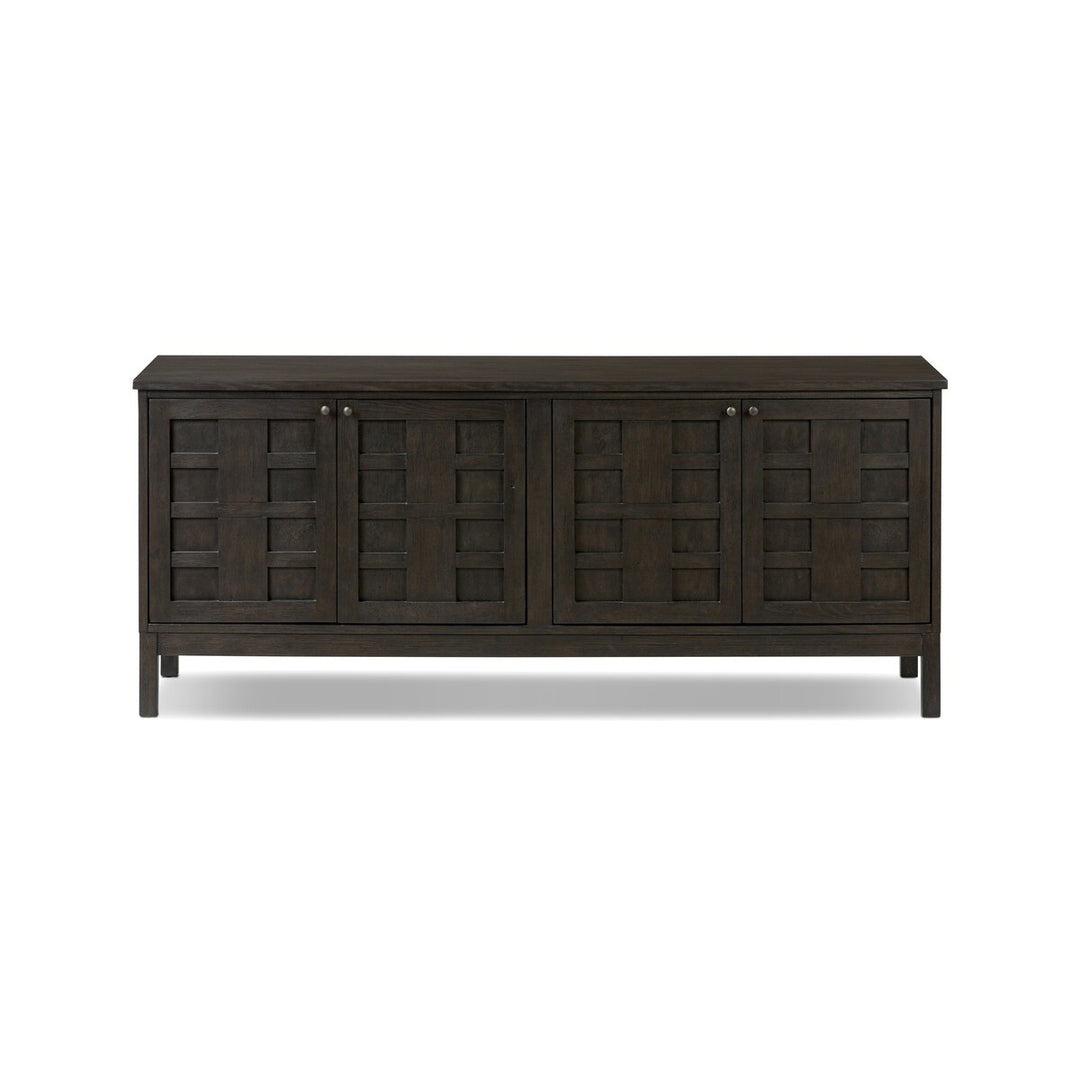 Alessio Media Console in Smoked Black front studio view - Whats New Furniture Portland OR