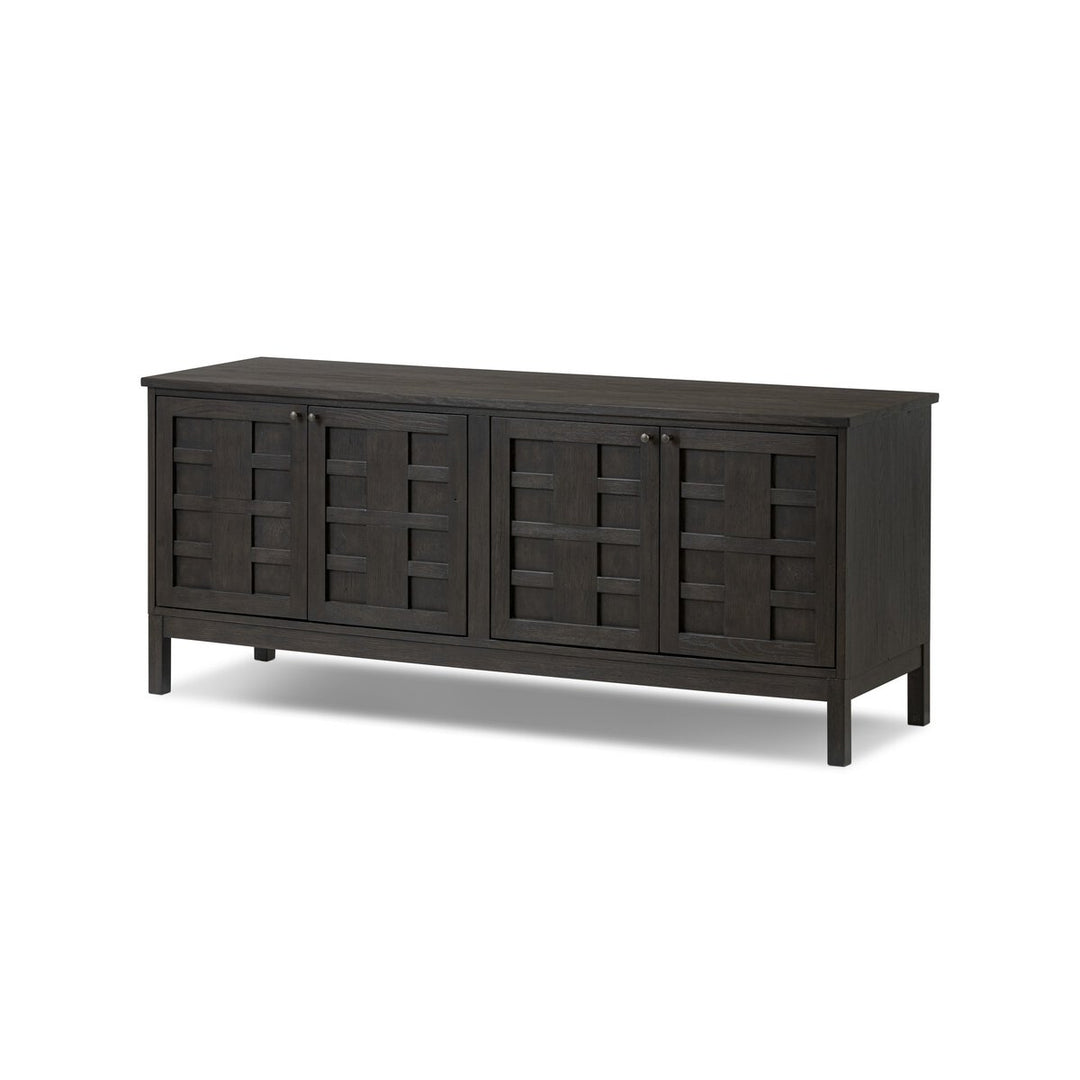 Alessio Media Console in Smoked Black three-quarter studio view - Whats New Furniture Portland OR