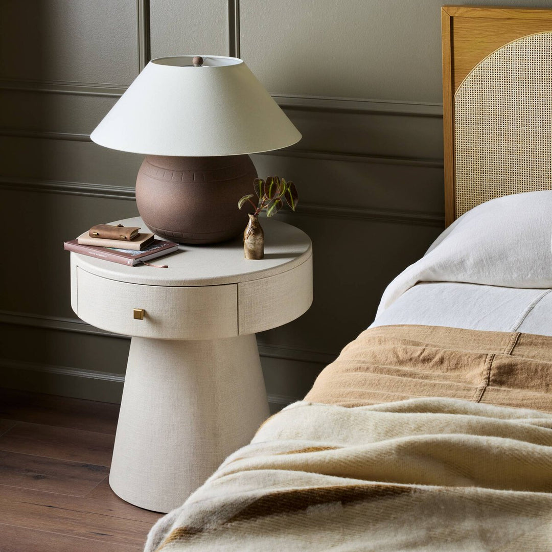 Chiro Nightstand in Ivory Painted Linen back view - Whats New Furniture Portland OR
