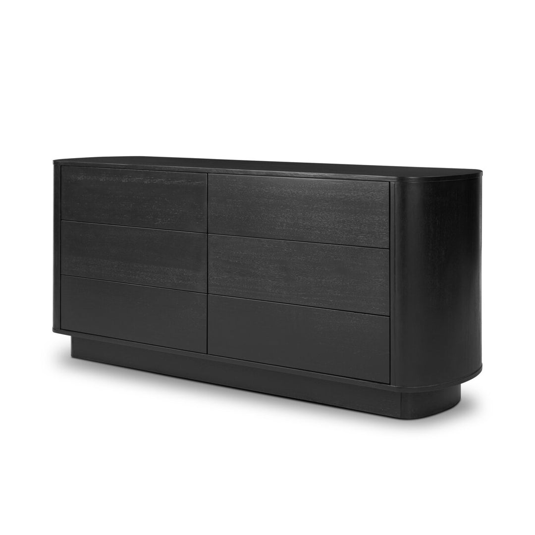 Paden 6 Drawer Dresser in Aged Black Acacia three-quarter view - Whats New Furniture Portland OR
