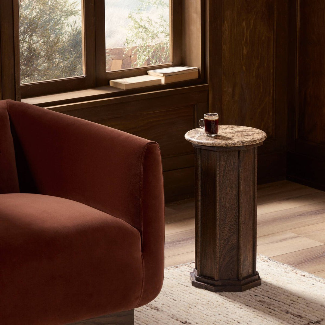 Pavlo End Table in Brown Marble back view - Whats New Furniture Portland OR