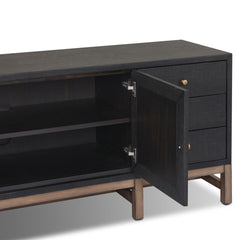 Fiona Media Console in Black Raffia detail view - Whats New Furniture Portland OR