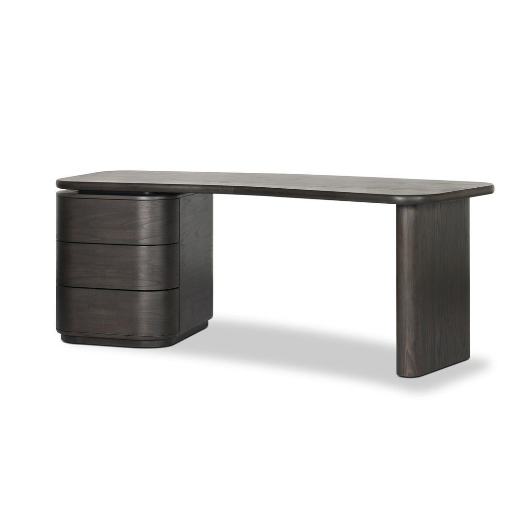 Hawthorne Desk in Smoked Black Sungkai Veneer three-quarter view showing boomerang top - Whats New Furniture Portland OR