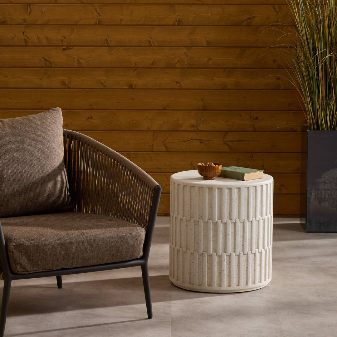 Callisto Outdoor End Table in Aged White Concrete back view - Whats New Furniture Portland OR