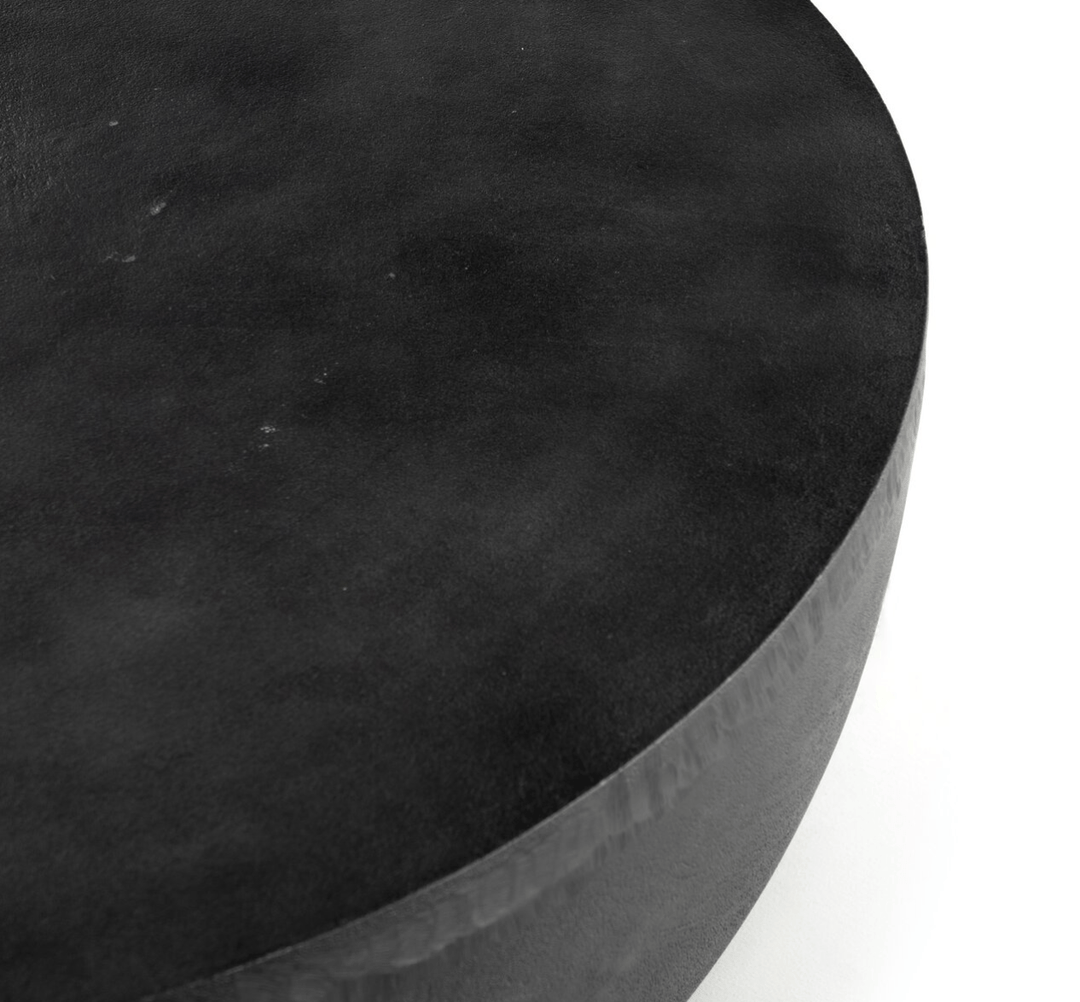 36" Basil Outdoor Round Coffee Table in Aged Grey detail view - round aluminum outdoor coffee table by Four Hands - Whats New Furniture Portland OR